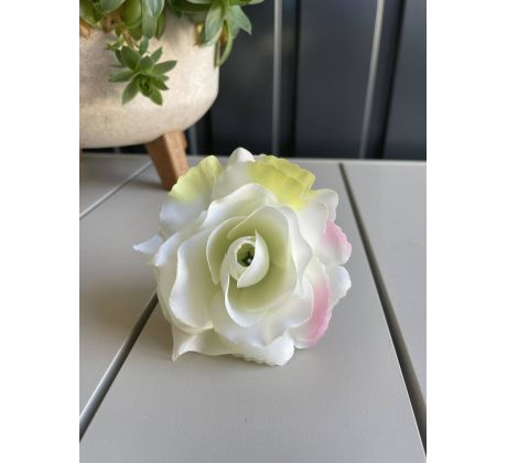 Umelá hlávka ruže 625-02 krémovo-ružovo-zelena