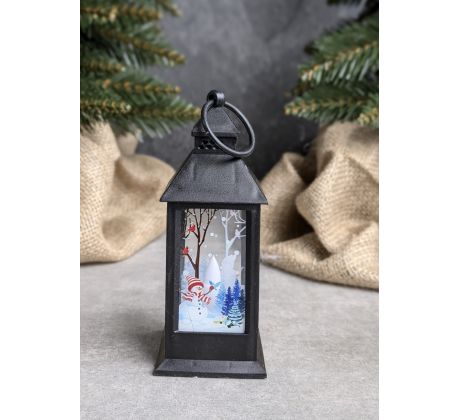 Čierna Mini LED lucerna 5941 so snehuliakom 14x5,5x5,5cm 