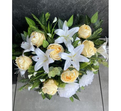 Veľká zaťažená ikebana 40x60cm bielo žlté kvety